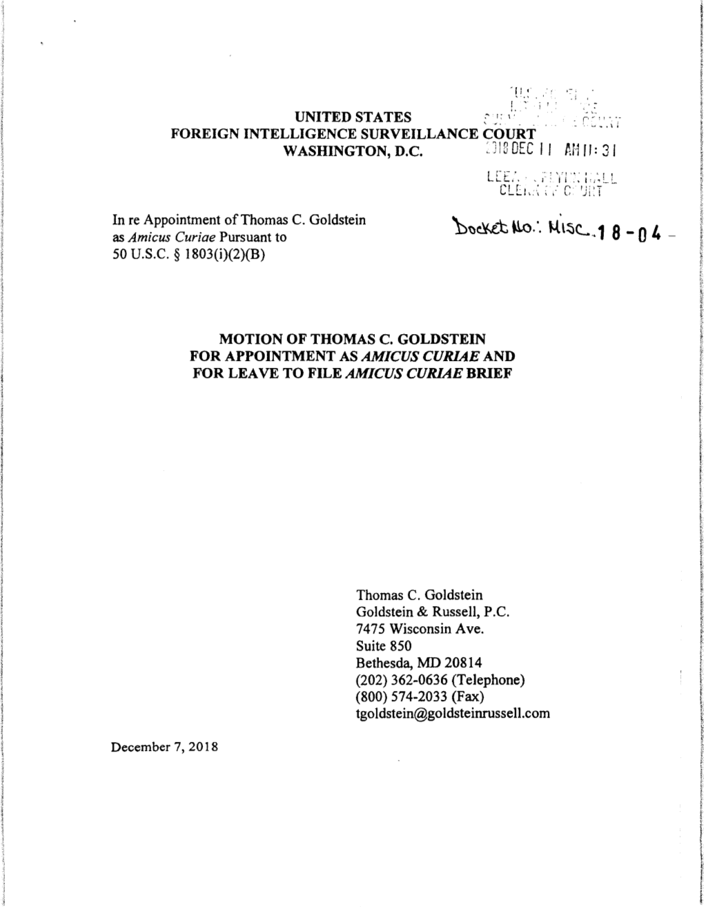 FISC Misc 18-04 Motion of Thomas C. Goldstein 181211.Pdf