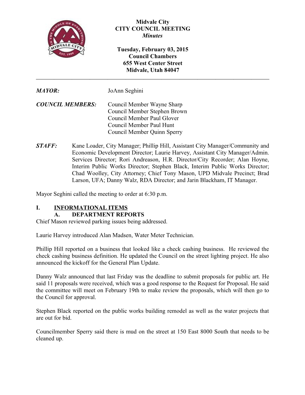 Proceedings of the Midvale City Council Meeting