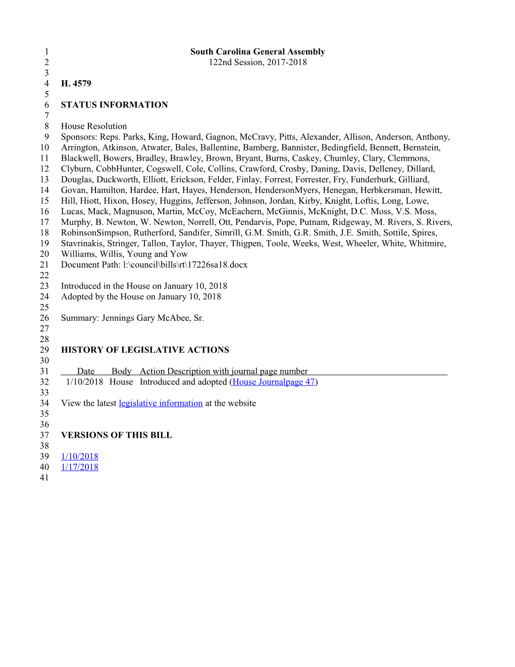 2017-2018 Bill 4579: Jennings Gary Mcabee, Sr. - South Carolina Legislature Online