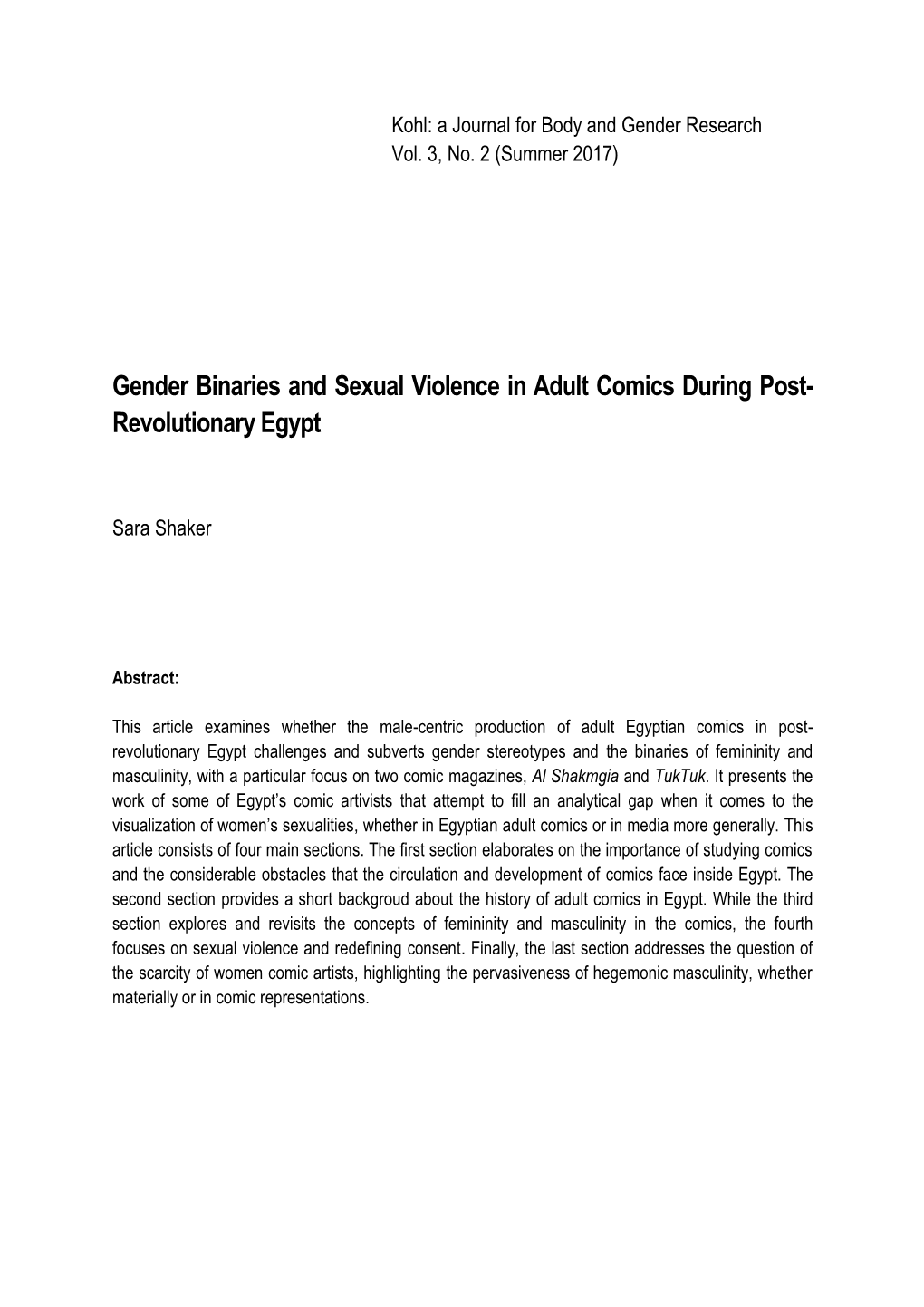 Gender Binaries and Sexual Violence in Adult Comics During Post- Revolutionary Egypt