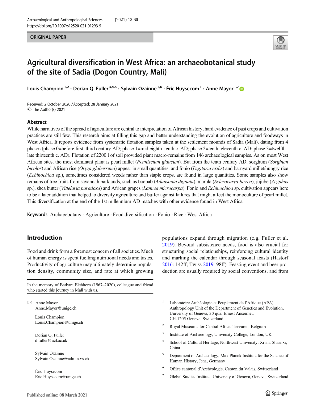 Agricultural Diversification in West Africa: an Archaeobotanical Study of the Site of Sadia (Dogon Country, Mali)