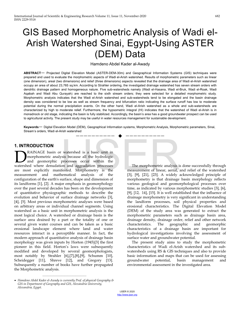 GIS Based Morphometric Analysis of Wadi El-Arish Watershed Sinai, Egypt-Using ASTER (DEM) Data