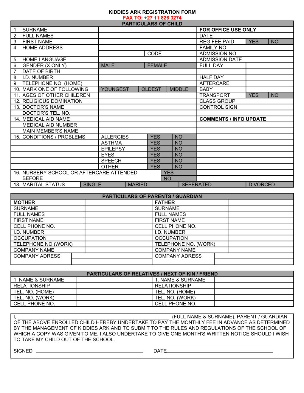 Kiddies Ark Registration Form