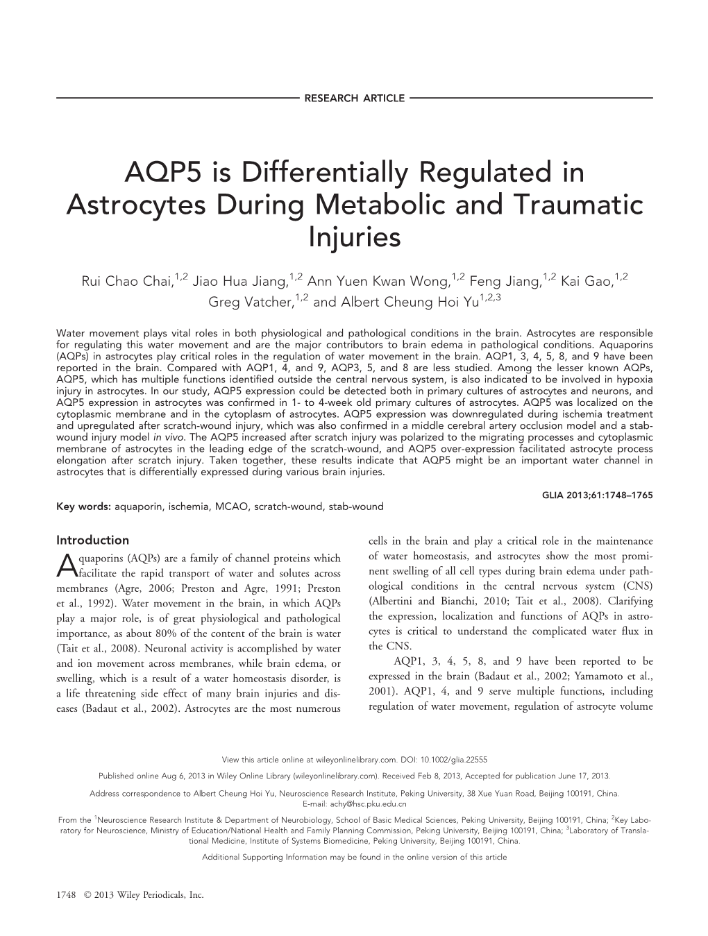 AQP5 Is Differentially Regulated in Astrocytes During Metabolic and Traumatic Injuries