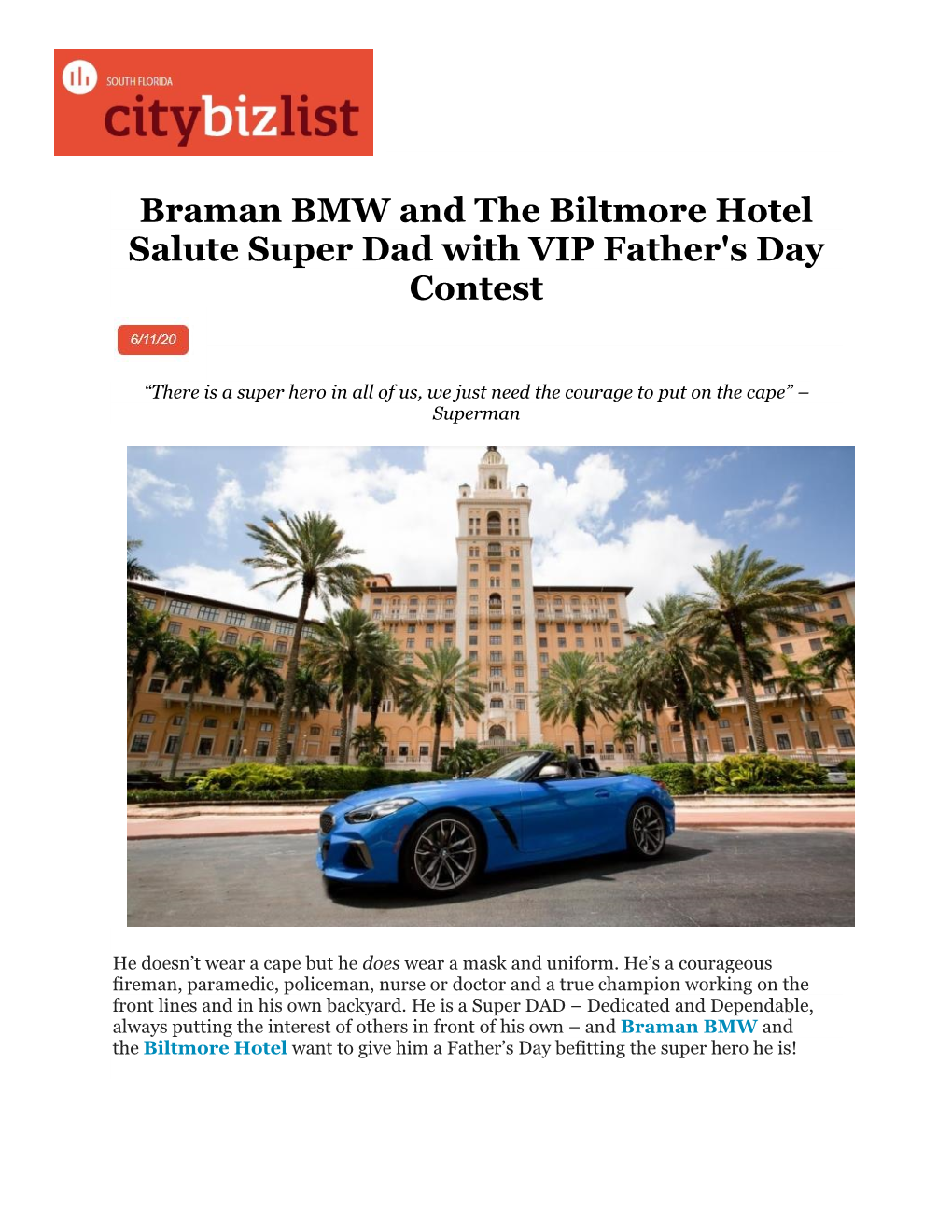 Braman BMW and the Biltmore Hotel Salute Super Dad with VIP Father's Day Contest