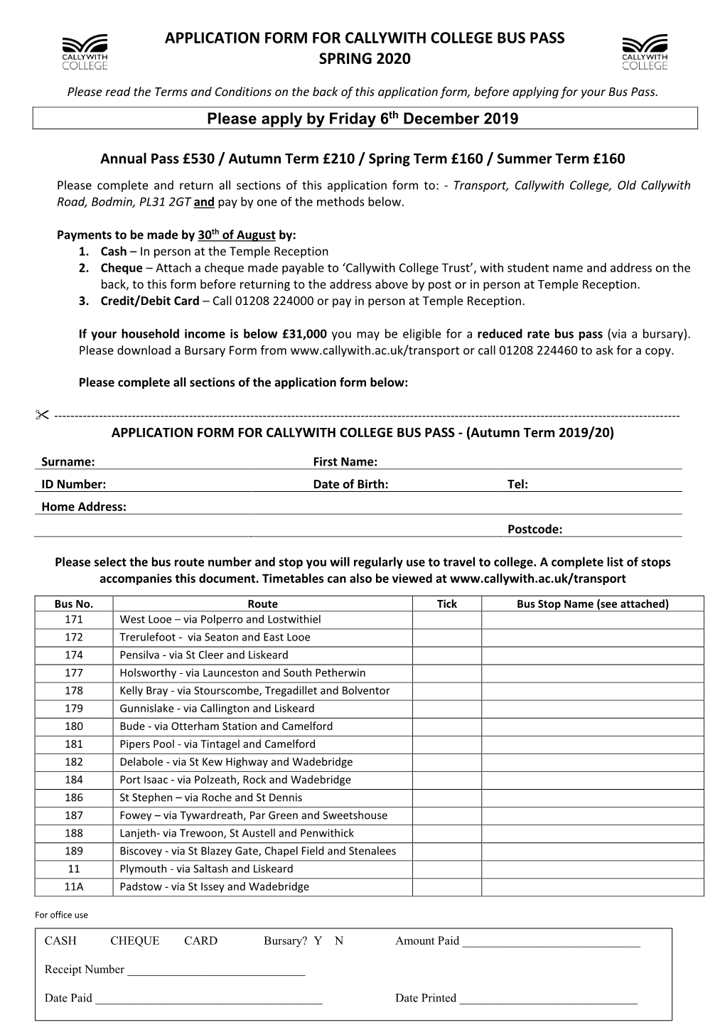 Application Form for Callywith College Bus Pass Spring 2020