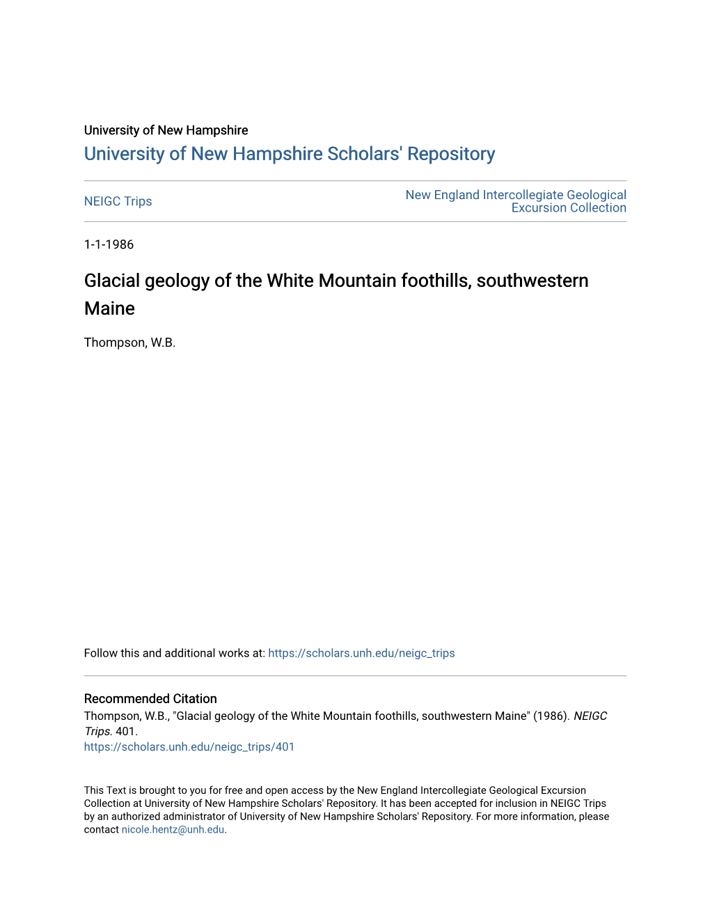 Glacial Geology of the White Mountain Foothills, Southwestern Maine