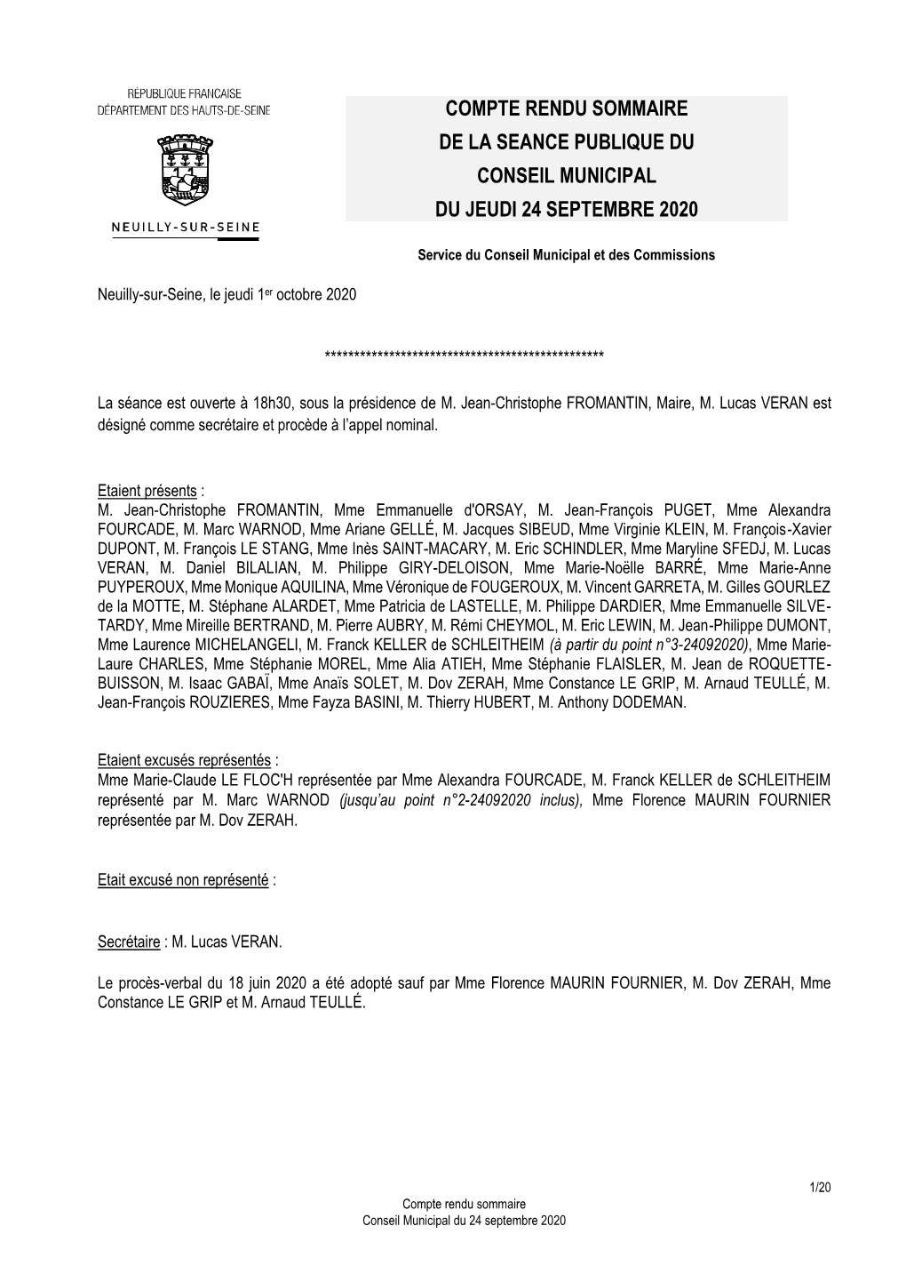 Compte Rendu Sommaire De La Seance Publique Du Conseil Municipal Du Jeudi 24 Septembre 2020