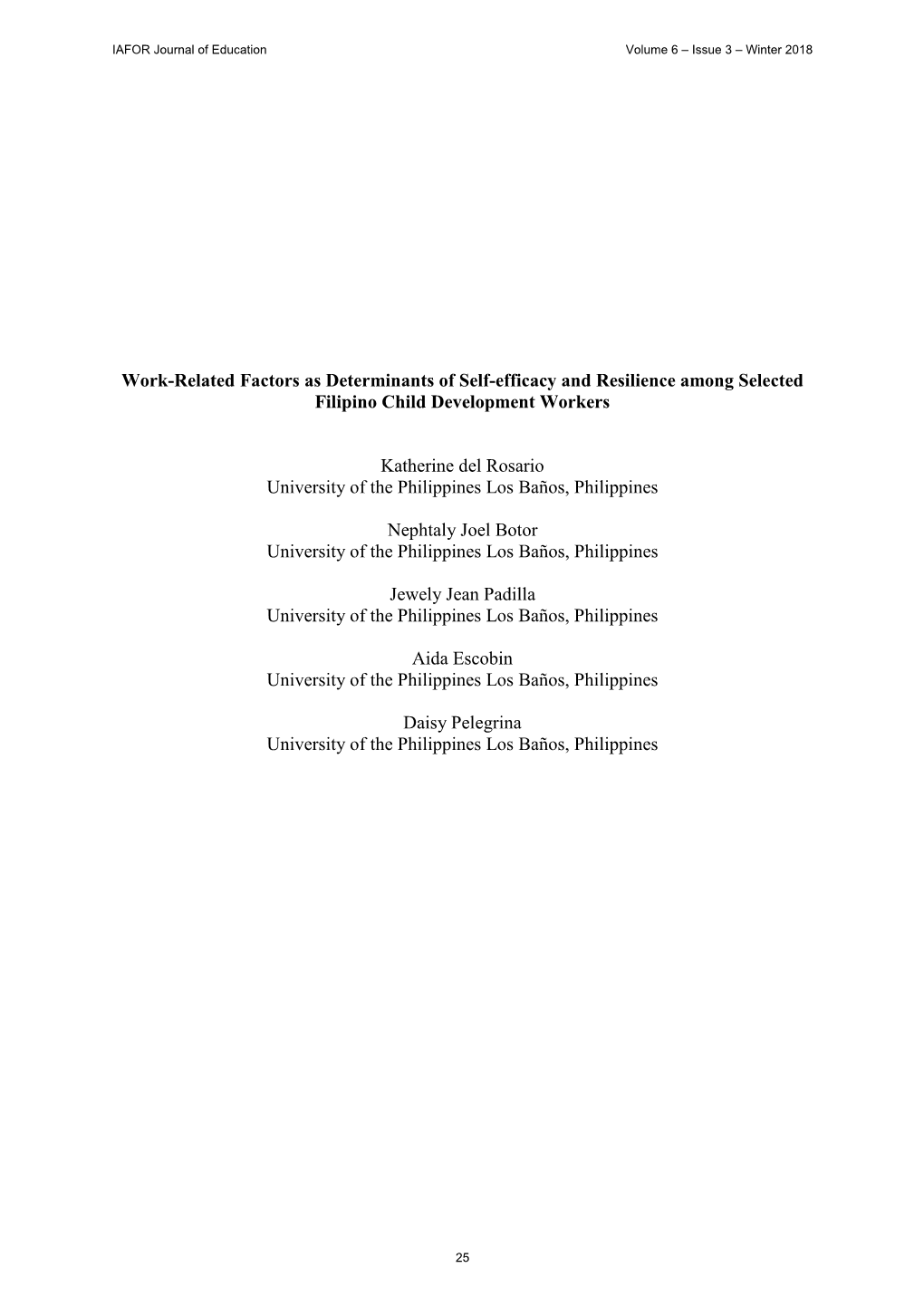 Work-Related Factors As Determinants of Self-Efficacy and Resilience Among Selected Filipino Child Development Workers