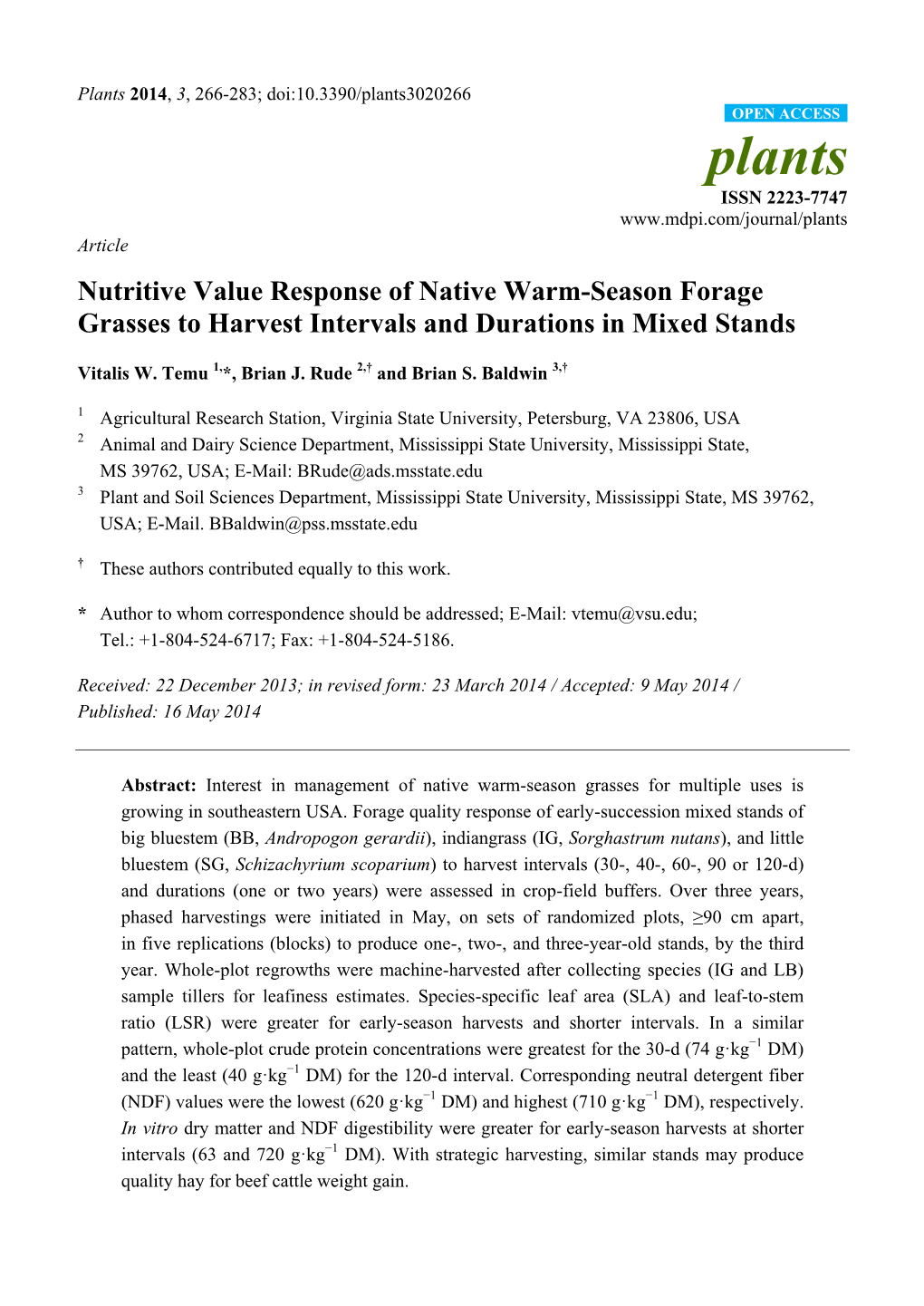 Nutritive Value Response of Native Warm-Season Forage Grasses to Harvest Intervals and Durations in Mixed Stands