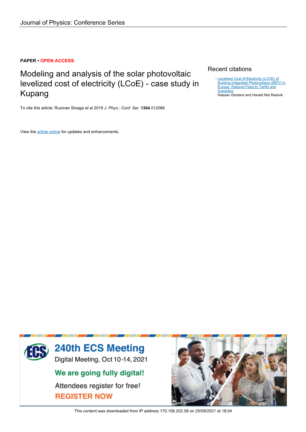 Modeling and Analysis of the Solar Photovoltaic Levelized Cost of Electricity (Lcoe) - Case Study in Kupang