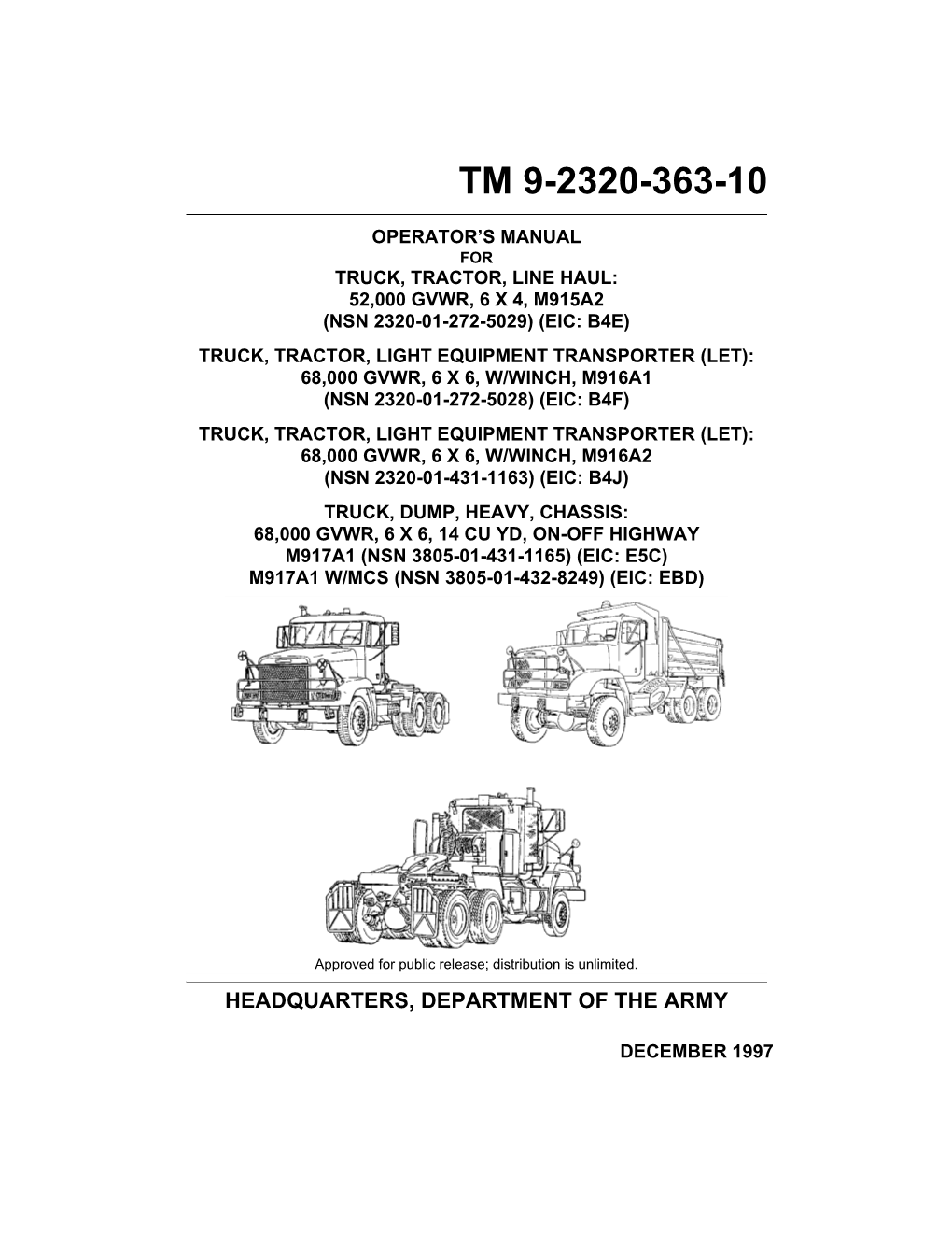 TM-9-2320-363-10 Operator's Manual Truck, Tractor, Line Haul