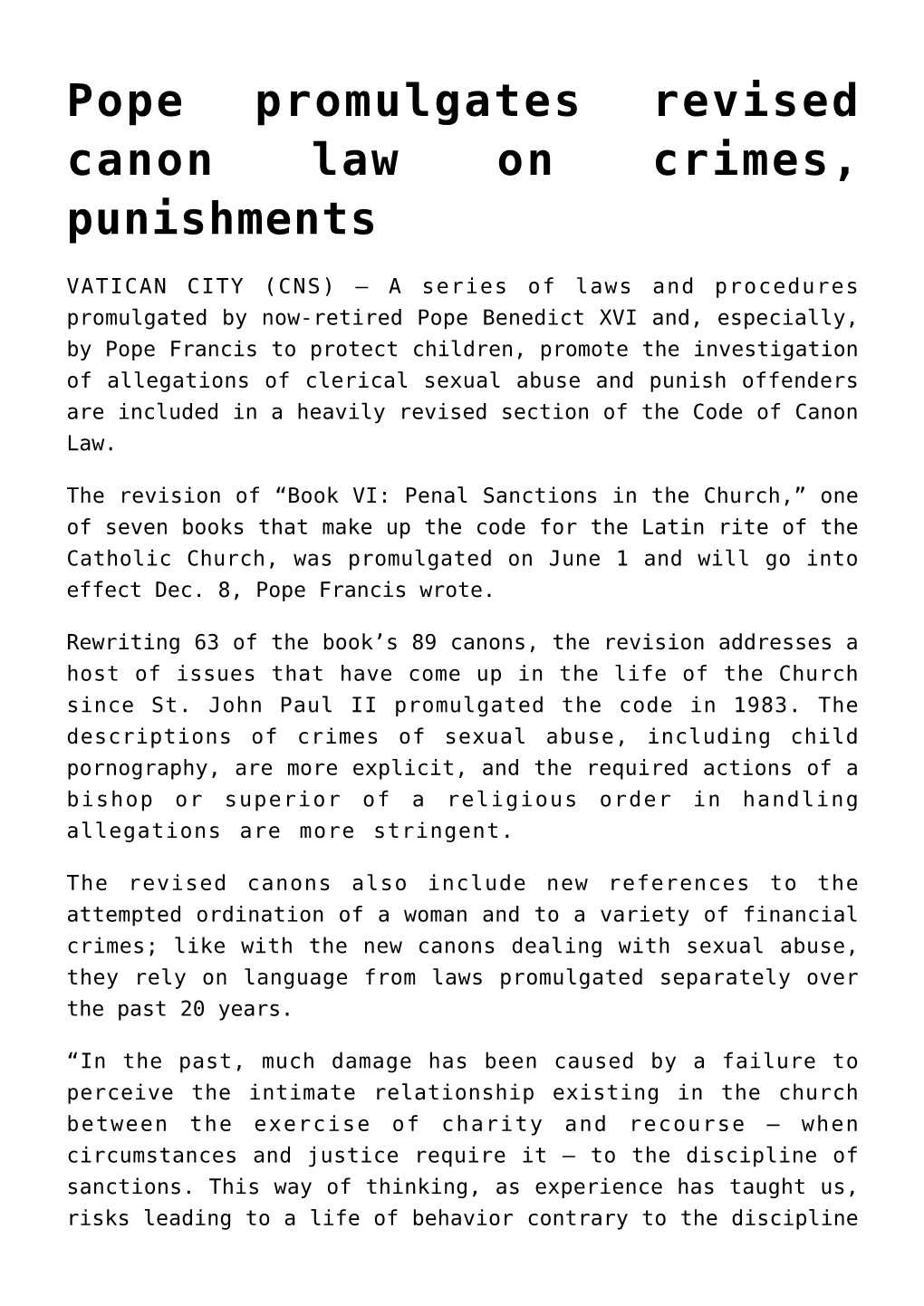 Pope Promulgates Revised Canon Law on Crimes, Punishments