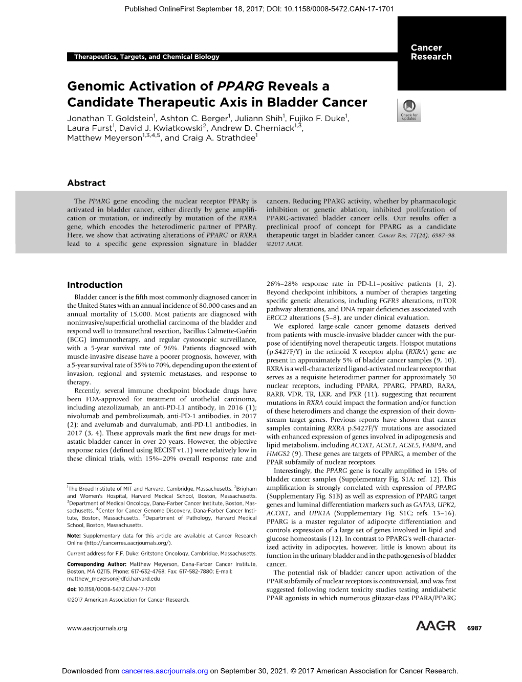 Genomic Activation of PPARG Reveals a Candidate Therapeutic Axis in Bladder Cancer Jonathan T