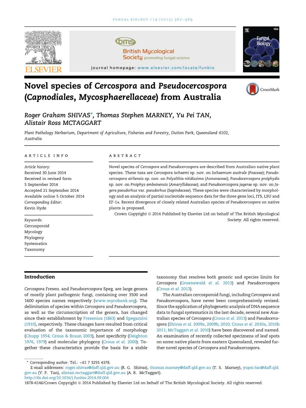 Novel Species of Cercospora and Pseudocercospora (Capnodiales, Mycosphaerellaceae) from Australia