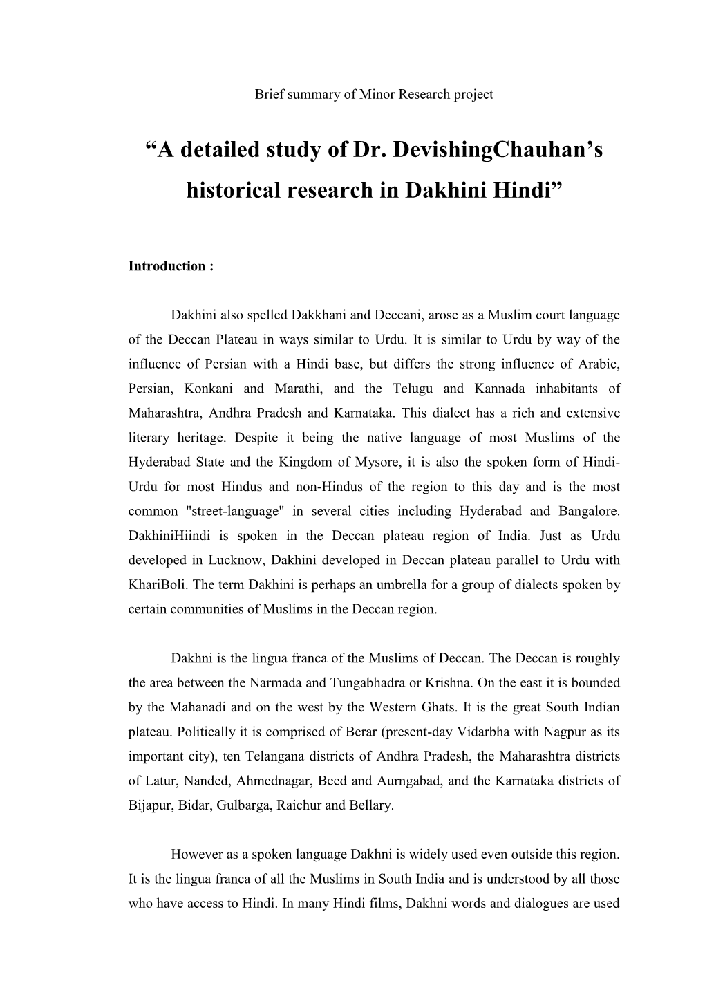 “A Detailed Study of Dr. Devishingchauhan's Historical Research in Dakhini Hindi”