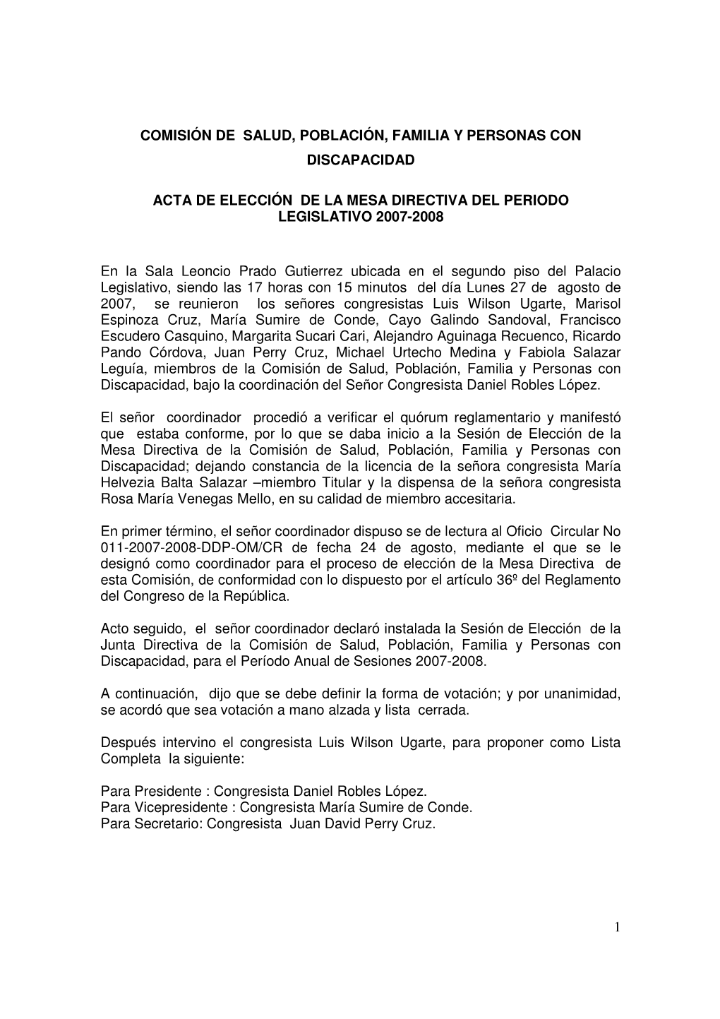 1 Comisión De Salud, Población, Familia Y Personas Con Discapacidad Acta De Elección De La Mesa Directiva Del Periodo L