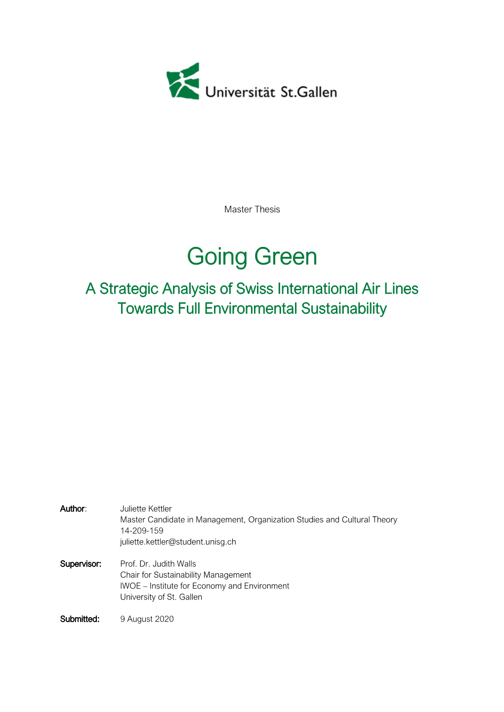 Going Green a Strategic Analysis of Swiss International Air Lines Towards Full Environmental Sustainability