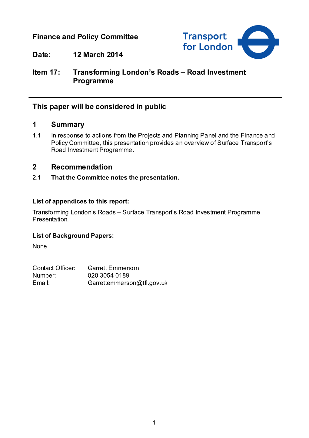 Road Investment Programme This Pape