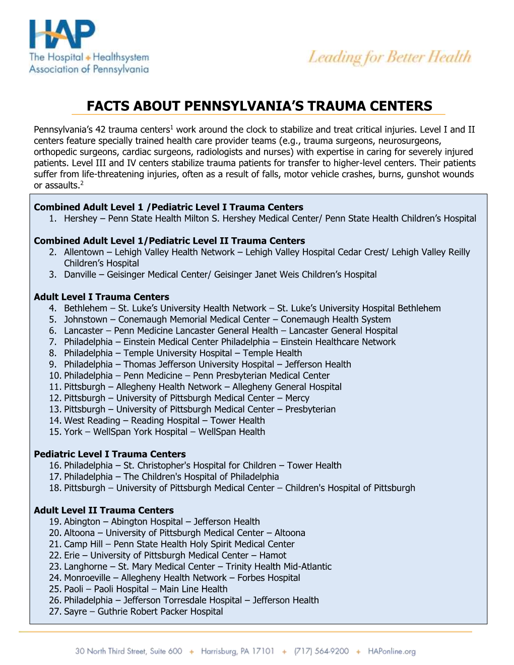 Facts About Pennsylvania's Trauma Centers