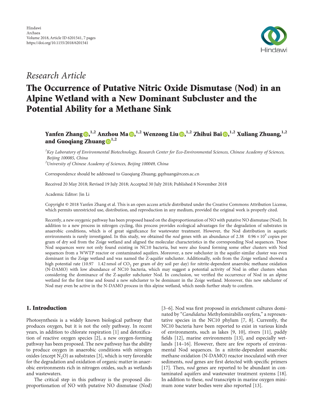 (Nod) in an Alpine Wetland with a New Dominant Subcluster and the Potential Ability for a Methane Sink