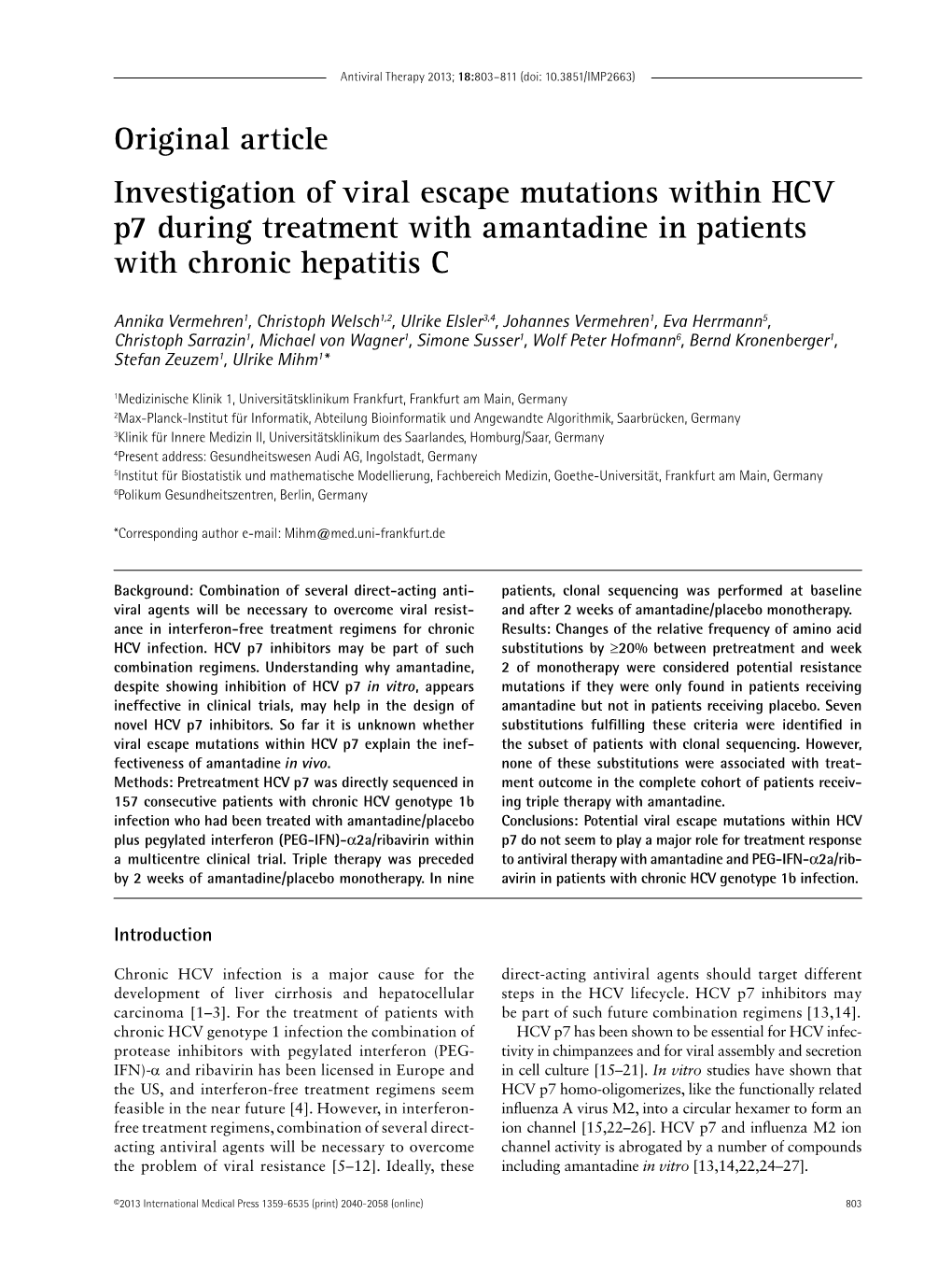 Original Article Investigation of Viral Escape Mutations Within HCV P7 During Treatment with Amantadine in Patients with Chronic Hepatitis C