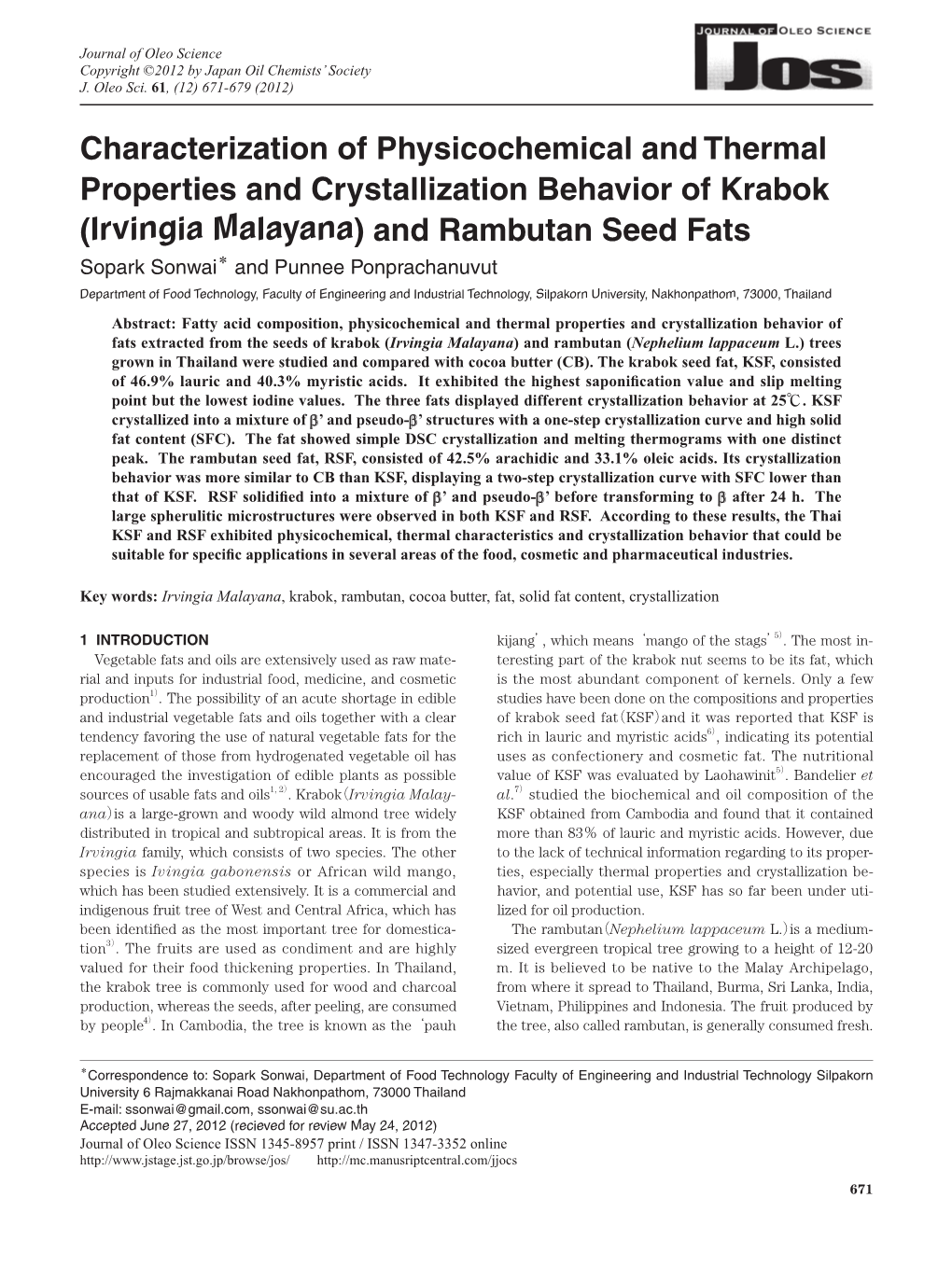 Characterization of Physicochemical and Thermal Properties and Crystallization Behavior of Krabok (Irvingia Malayana) and Rambut