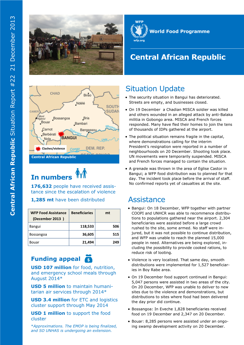 Central African Republic Situation Report #22 21 December 2013 Bouar Bossangoa Bangui WFP Food Assistance Assistance WFP Food and Sois Undergoing an UNHAS Extension