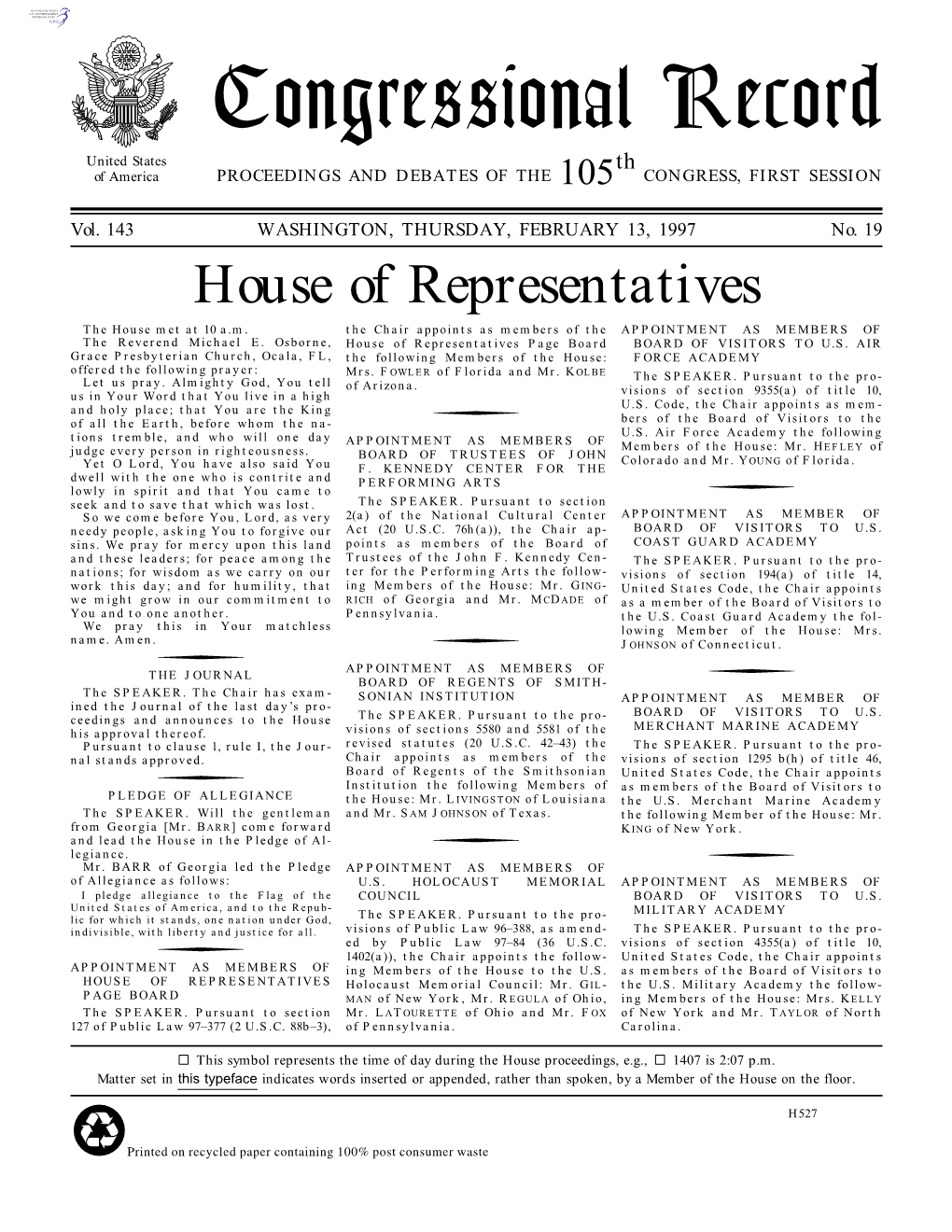 Congressional Record United States Th of America PROCEEDINGS and DEBATES of the 105 CONGRESS, FIRST SESSION