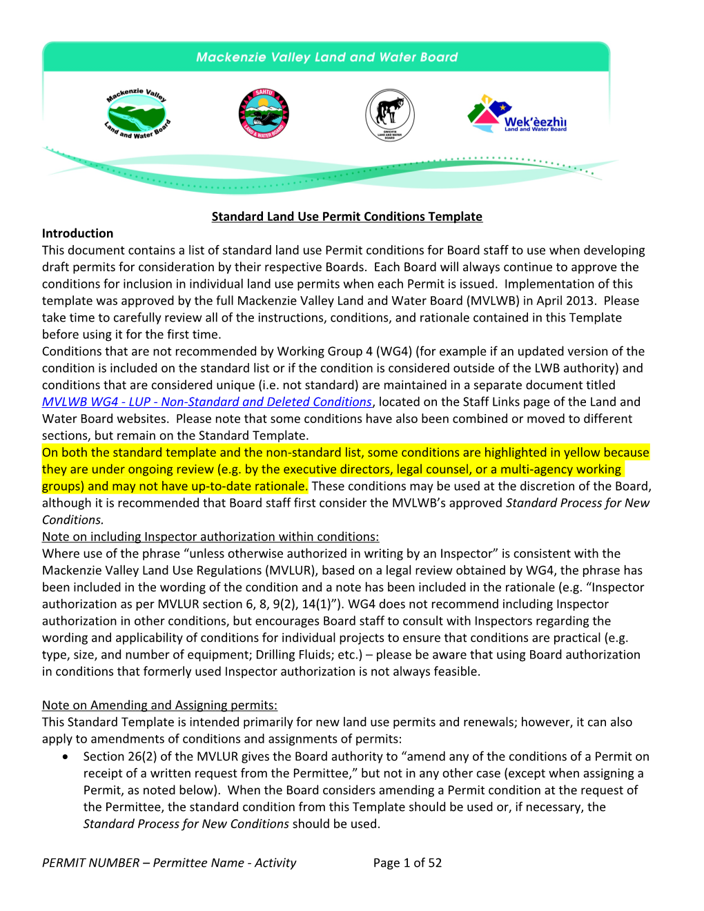 Standard Land Use Permit Conditions Template