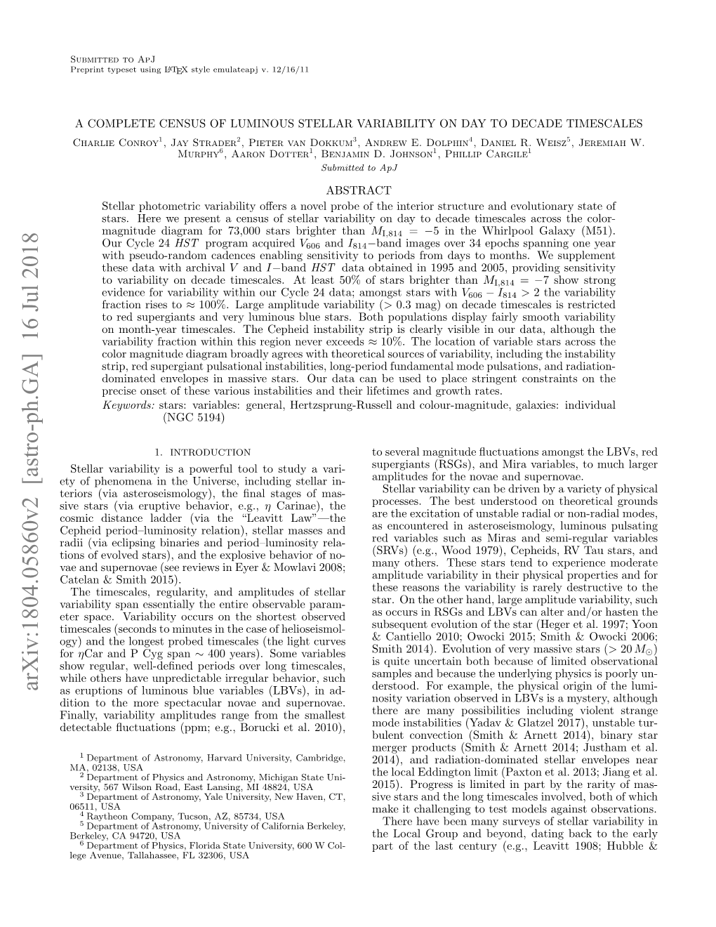 A COMPLETE CENSUS of LUMINOUS STELLAR VARIABILITY on DAY to DECADE TIMESCALES Charlie Conroy1, Jay Strader2, Pieter Van Dokkum3, Andrew E