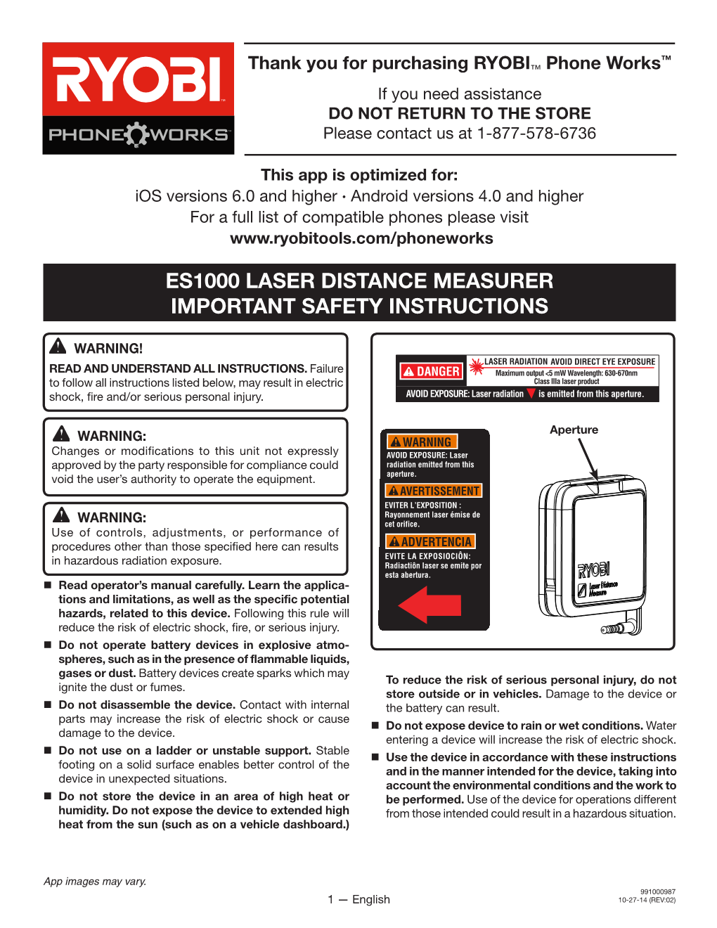 Es1000 Laser Distance Measurer Important Safety Instructions