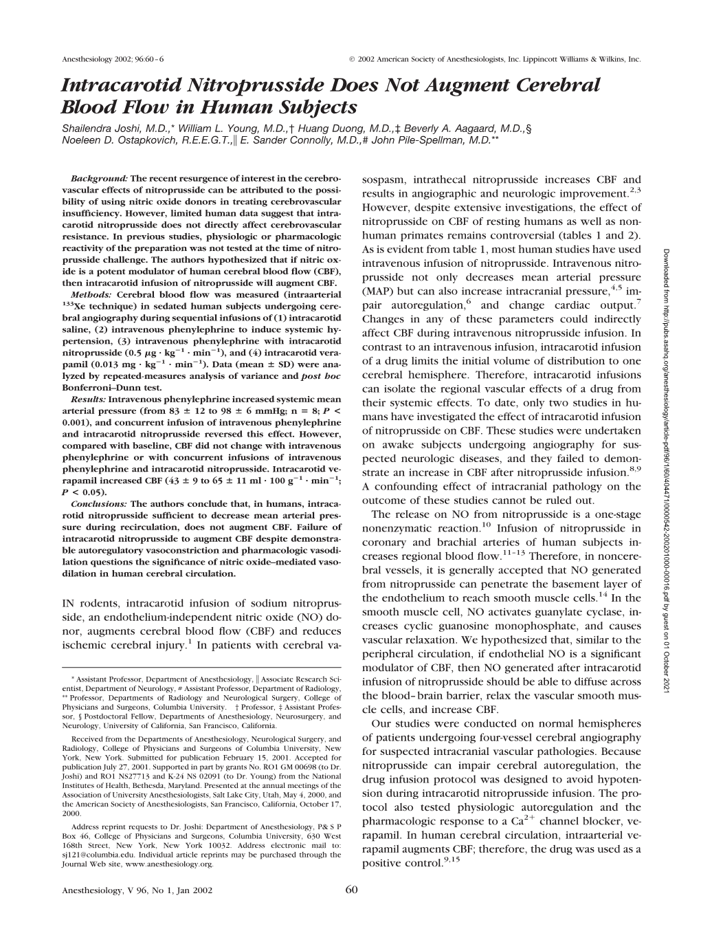 Intracarotid Nitroprusside Does Not Augment Cerebral Blood Flow in Human Subjects Shailendra Joshi, M.D.,* William L