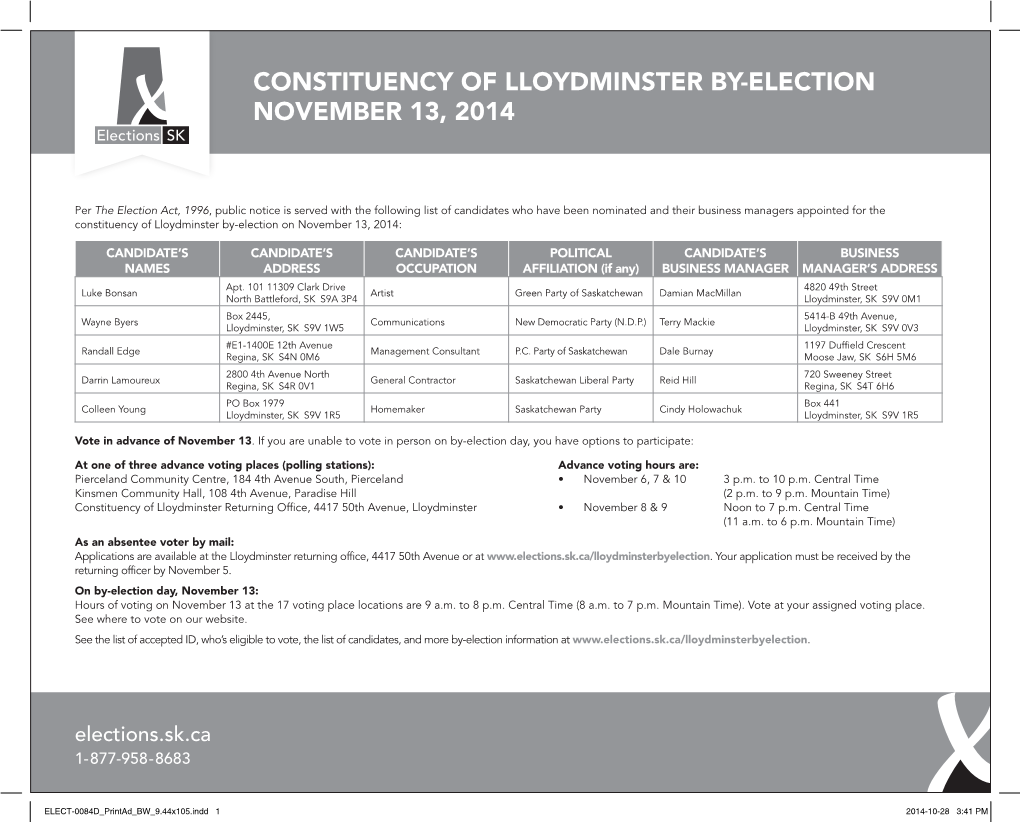 Constituency of Lloydminster By-Election November 13, 2014