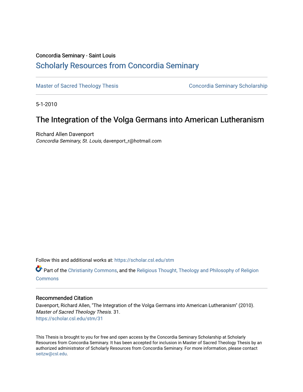 The Integration of the Volga Germans Into American Lutheranism