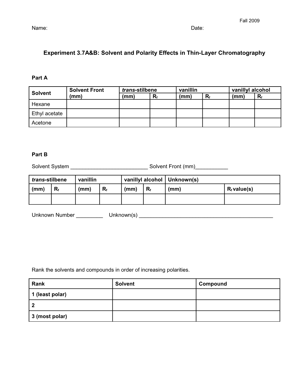 Experiment 3.7A&B: Solvent and Polarity Effects in Thin-Layer Chromatography