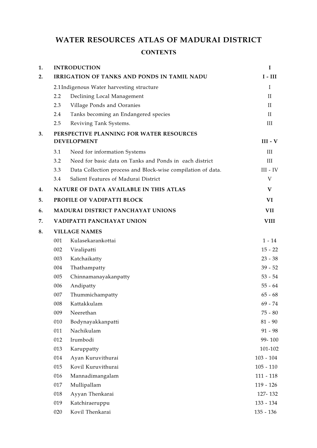 Water Resources Atlas of Madurai District Contents