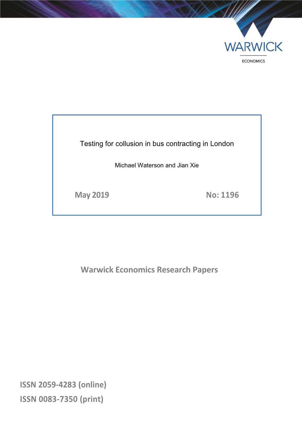 Warwick Economics Research Papers ISSN 2059-4283 (Online) ISSN