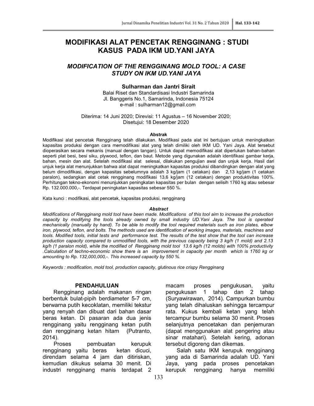 Modifikasi Alat Pencetak Rengginang : Studi Kasus Pada Ikm Ud.Yani Jaya
