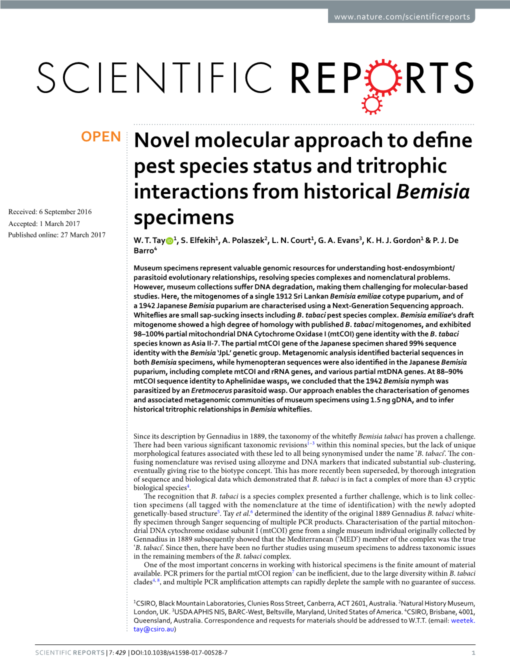 Novel Molecular Approach to Define Pest Species Status and Tritrophic