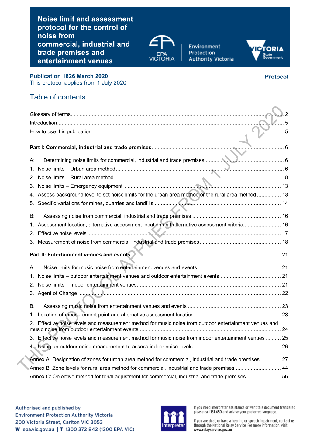 Noise Limit and Assessment Protocol for the Control of Noise from Commercial, Industrial and Trade Premises and Entertainment Venues