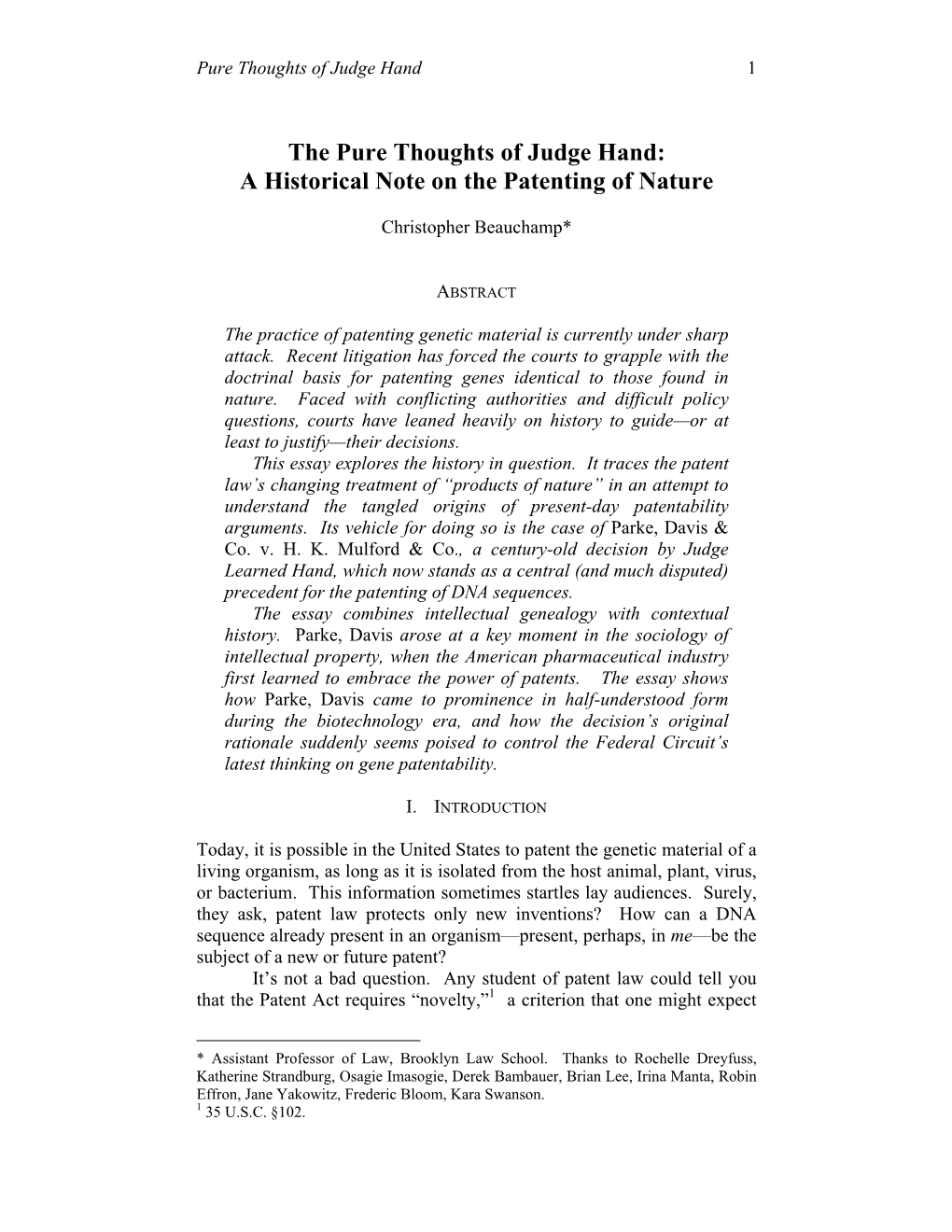 The Pure Thoughts of Judge Hand: a Historical Note on the Patenting of Nature