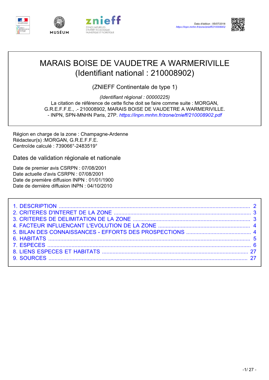 MARAIS BOISE DE VAUDETRE a WARMERIVILLE (Identifiant National : 210008902)