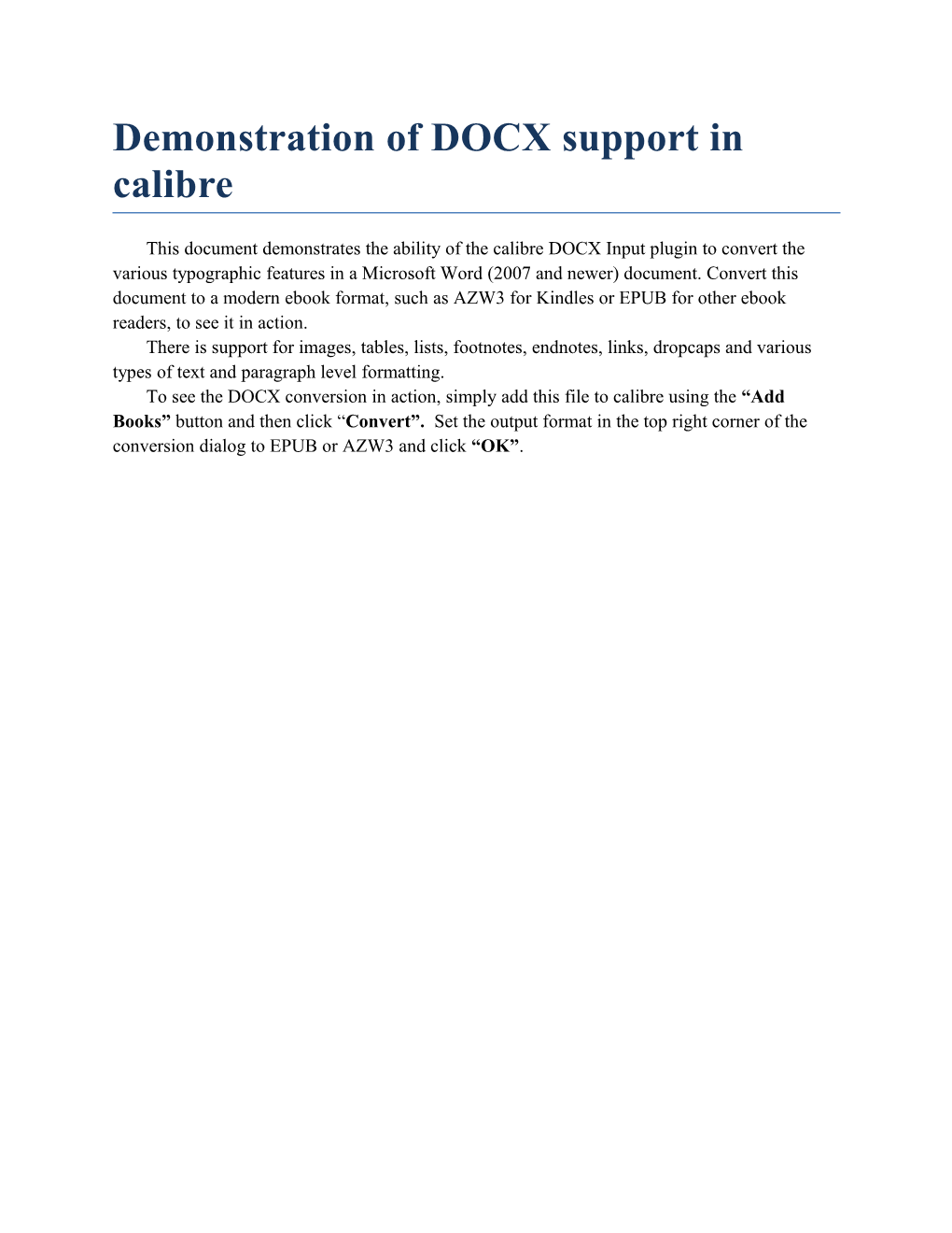 Demonstration of DOCX Support in Calibre