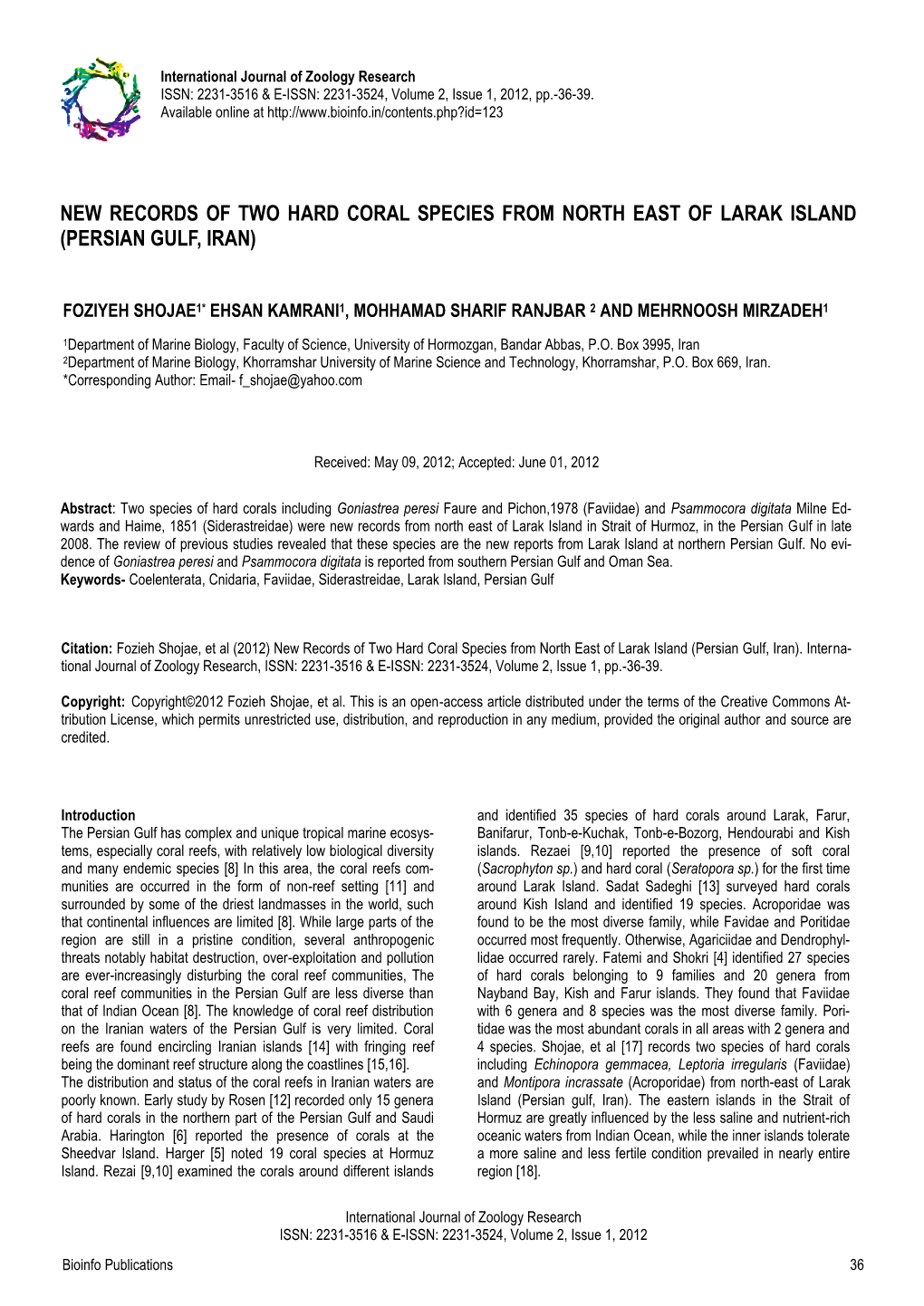 New Records of Two Hard Coral Species from North East of Larak Island (Persian Gulf, Iran)