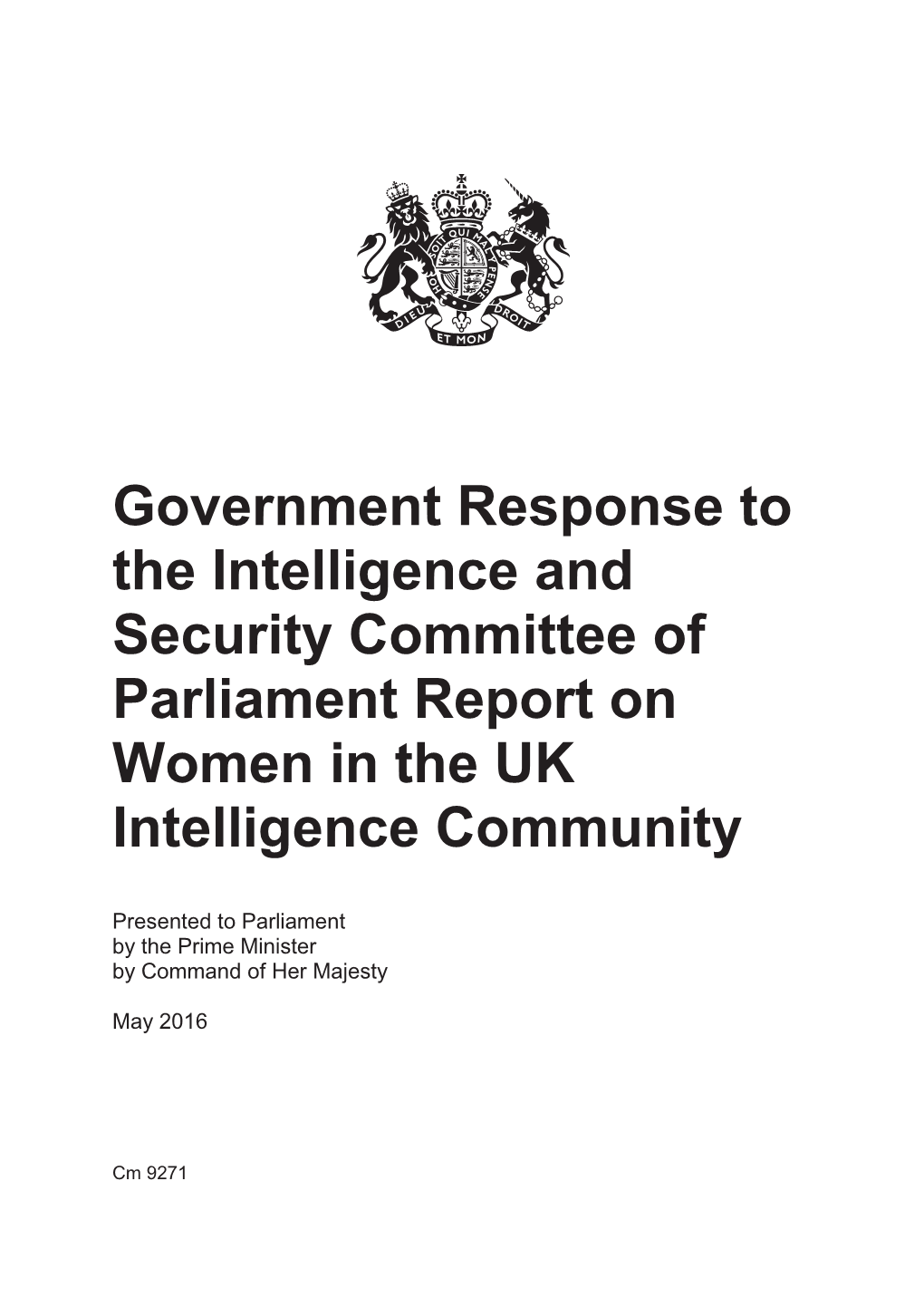 Government Response to the Intelligence and Security Committee of Parliament Report on Women in the UK Intelligence Community