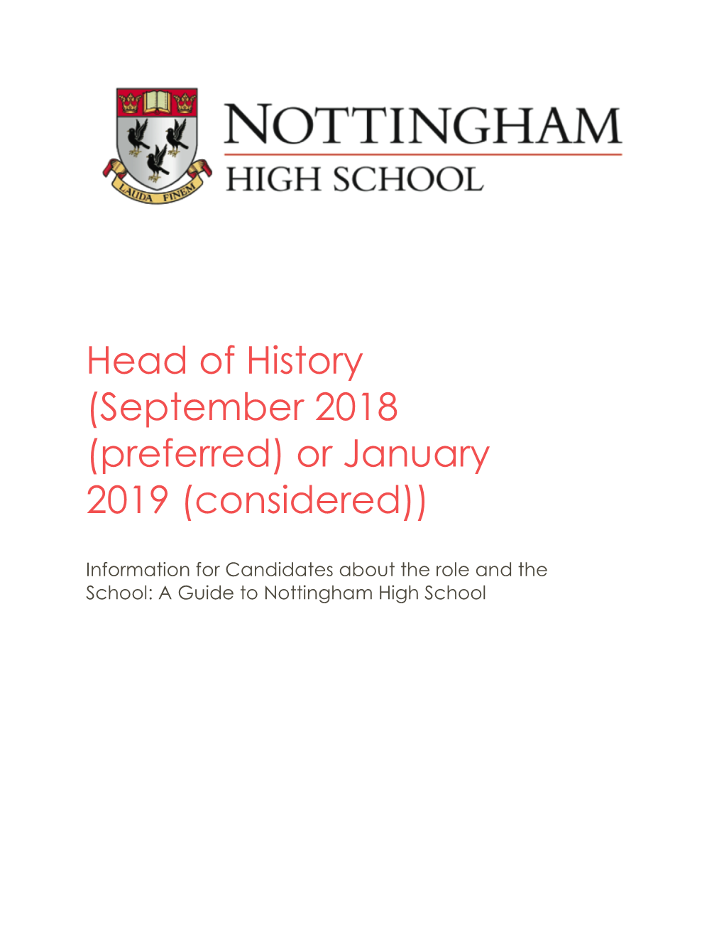 Head of History (September 2018 (Preferred) Or January 2019 (Considered))