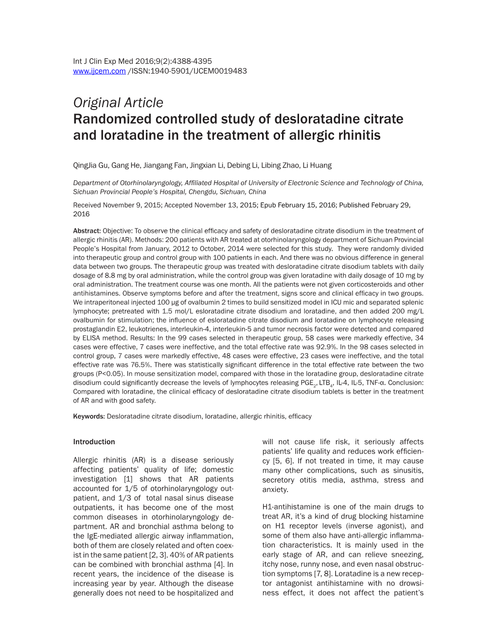 Original Article Randomized Controlled Study of Desloratadine Citrate and Loratadine in the Treatment of Allergic Rhinitis