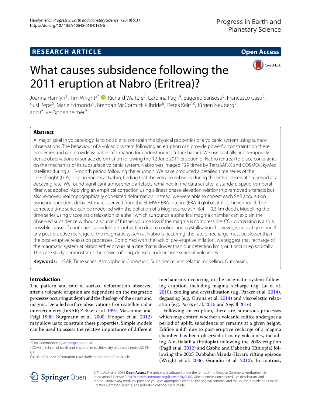 What Causes Subsidence Following the 2011 Eruption at Nabro (Eritrea)?