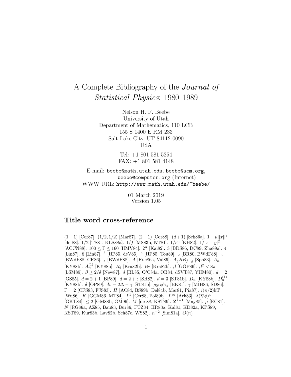 A Complete Bibliography of the Journal of Statistical Physics: 1980–1989